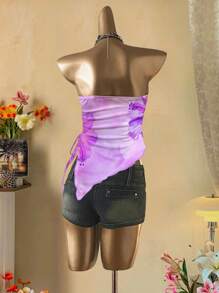 SHEIN MOD 休闲度假风格热带芙蓉橙扎染热带花卉印花性感女式不对称下摆抹胸上衣，适合夏季度假风格沙滩装