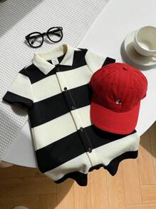 SHEIN Bộ áo liền quần tay ngắn cổ polo kẻ sọc thoải mái cho bé trai/bé gái, thích hợp mặc hàng ngày, đi học, chơi thể thao, dự tiệc, chụp ảnh, đi nghỉ mát, nghỉ lễ mùa xuân/hè. - Đen và trắng - Xem 8