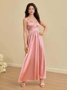 SHEIN 青少年无袖圆领收腰 A 字裙，婚礼花童/伴娘派对礼服 - 粉色 - 查看 3