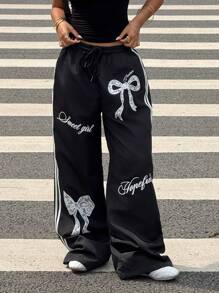 SHEIN EZwear 黑色梭织花卉印花阔腿裤 - 黑色 - 查看 5