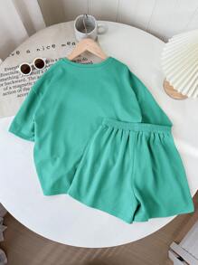SHEIN LMoss Kids 2件組少女純色針織寬鬆圓領T恤與修身針織短褲 - 橄欖綠 - 查看 2