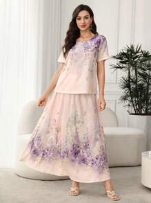 Lacomfia 2 件优雅女士服装：印花套头衫和中长裙套装，夏季 - 彩色 - 查看 3