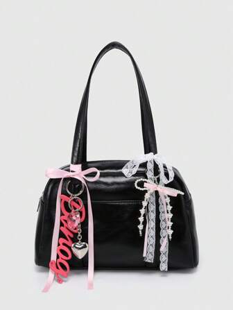 Kawaii Sac à bandoulière style vintage pour femmes avec décoration de cœur de cerise, à motif carreaux, avec nœud papillon, poches multiples et anse pour le dessous du bras