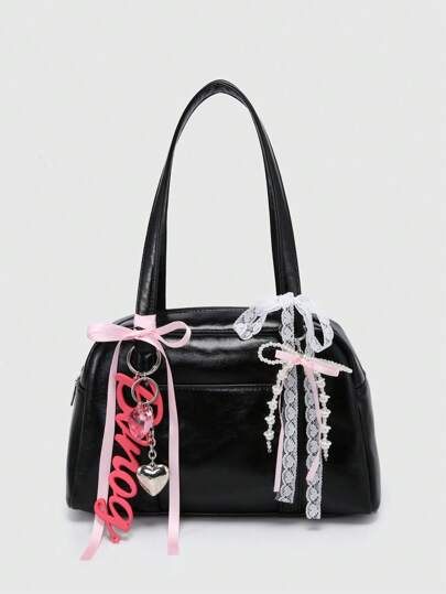 Kawaii Vintage Style Plaid Bowknot Strap Decorated Cherry Heart Decor Women One Shoulder Underarm Bag With Multiple Pockets Boston Handbag