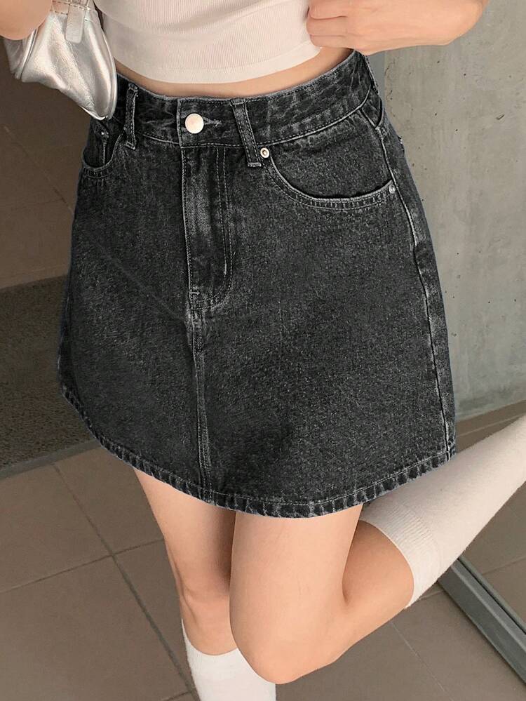 Women's Solid Color Casual Denim Skirt With Pockets Jeans Skirt