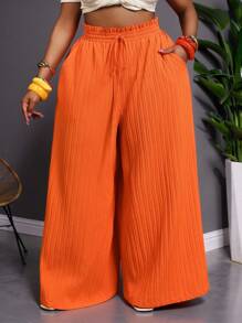 SHEIN CURVE+ Pantalones anchos de cintura alta con textura naranja para mujer talla grande, pantalones bohemios de playa, curvas plus, boho vacaciones, pantalones de verano, campo, vacaciones en la playa, ropa de playa - Naranja - Ver 3