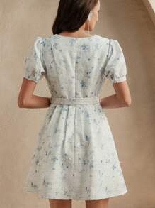 Anewsta 优雅碎花泡泡袖 V 领束腰中长连衣裙，法式度假风格，适合春夏季、节日、毕业典礼 - 藍色 - 查看 2