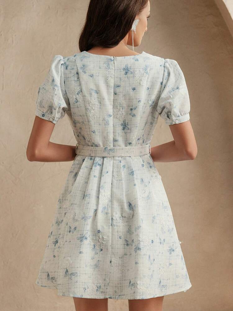 Elegant Ditsy Floral Puff Sleeve V-Neck Cinched Waist Midi Dress, French Vacation Style Suitable For Spring/Summer, Festival, Graduation