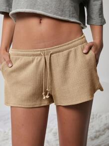 WESTFADE Cute Mid Rise Tie Front Textured Knit Lounge Shorts - Khaki - View 4