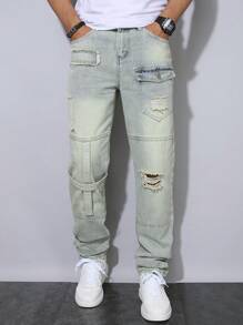 Manfinity Homme Men's Casual Washed Distressed Tapered Leg Jeans - Baby Blue - View 4