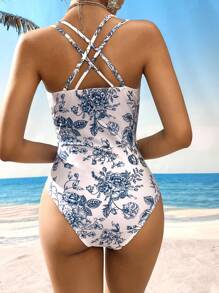 Swim Lushoire 1pc Summer Beach Vacation Fabric Fresh Landscape Printed One-Piece Swimsuit - Blue and White - View 2