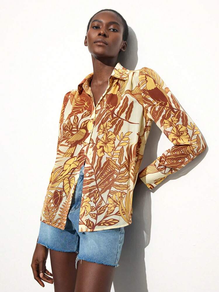 SHEIN Maija Camisa de manga larga con botones y estampado floral para mujer, camisa de 4 de julio de primavera/verano para maestras, camisa con botones para mujeres para ir a la playa, de vacaciones o salir, camisa de otoño y vacaciones para mujeres, camisa con botones de estilo occidental, bohemia y otoñal para mujeres