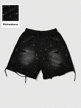 Street Life Men's Allover Print Rhinestone Embellished Shredded Casual Shorts, For Back To School