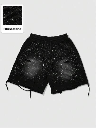 Street Life Men's Allover Print Rhinestone Decor Shredded Casual Shorts