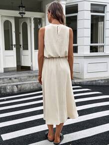 SHEIN LUNE 女士休闲纯色夏季户外日常基础款街头度假无袖上衣和半裙两件套，夏季女士休闲服装，女士度假服装，女士机场穿搭 - 卡其色 - 查看 3