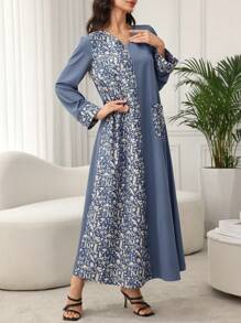 Lacomfia 2025春夏中东迪拜和土耳其时尚印花拼布阿拉伯风格长袍连衣裙，宽松版型，端庄 - 藍色 - 查看 5