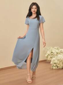 SHEIN Teen Girl Elegant Square Neck Cap Sleeve High Waist Long Slit Slim Fit Chiffon Blue Flowing High-End Graduation & Bridesmaid Dress - Blue - View 5