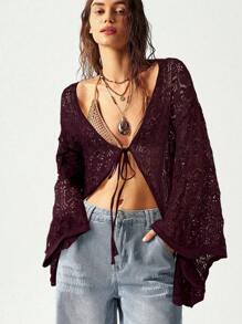 Bohemela Cardigan ampio donna a maniche a sbuffo lavorato a maglia forato tinta unita, ideale per le vacanze