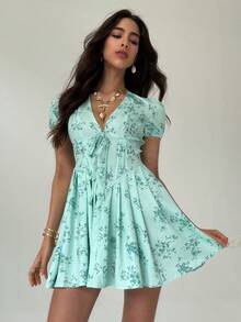 Aloruh Women's V-Neck Ruched Mini Dress With Vacation Beach Print - Green - View 5