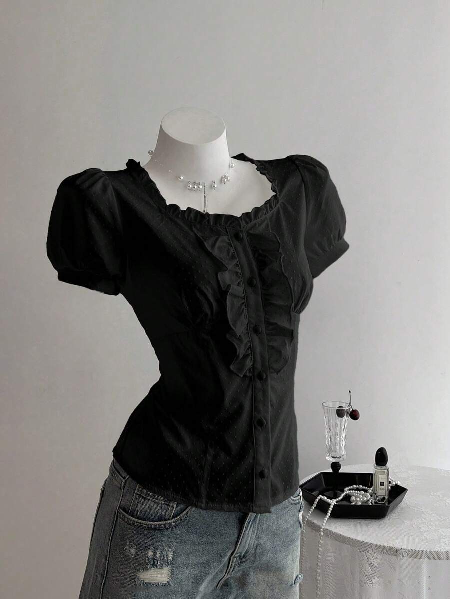 Elamini Women's Solid Color Minimalist Short Sleeve Black Blouse - Black - View 1