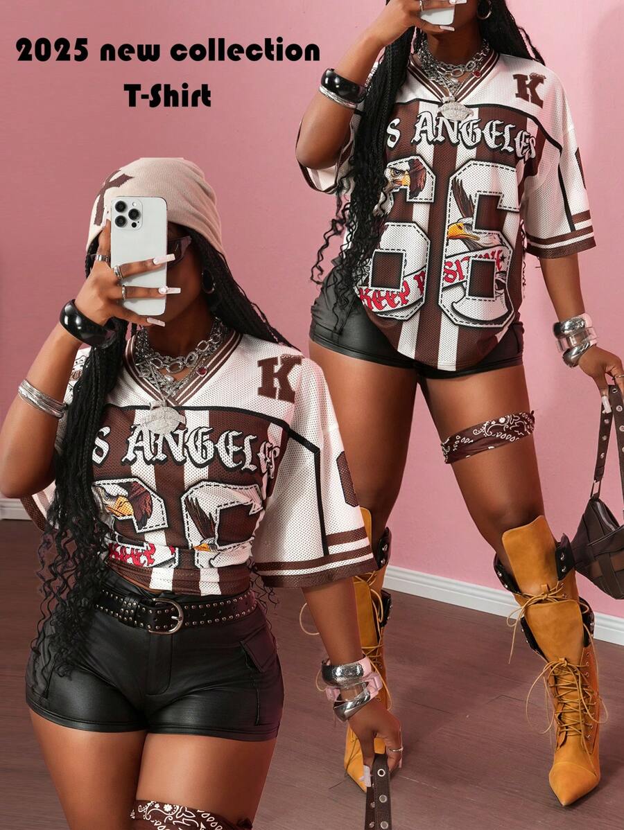 Slaydiva 2025 Summer New Casual Street V-Neck Short-Sleeved Letter Logo Printed Women's T-Shirt, Suitable For Music Festivals, Casual Street, Graduation Season, - Multicolor - View 1