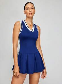 Activina Women Striped V-Neck Pleated Short Casual Sleeveless Sports Dress With Leggings For Daily Wear & Tennis Dressathletic Dress - Navy Blue - View 6