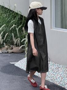 Dazy Kids Vestido vaquero sin mangas de cuello en V holgado para niñas preadolescentes - Negro - Ver 7