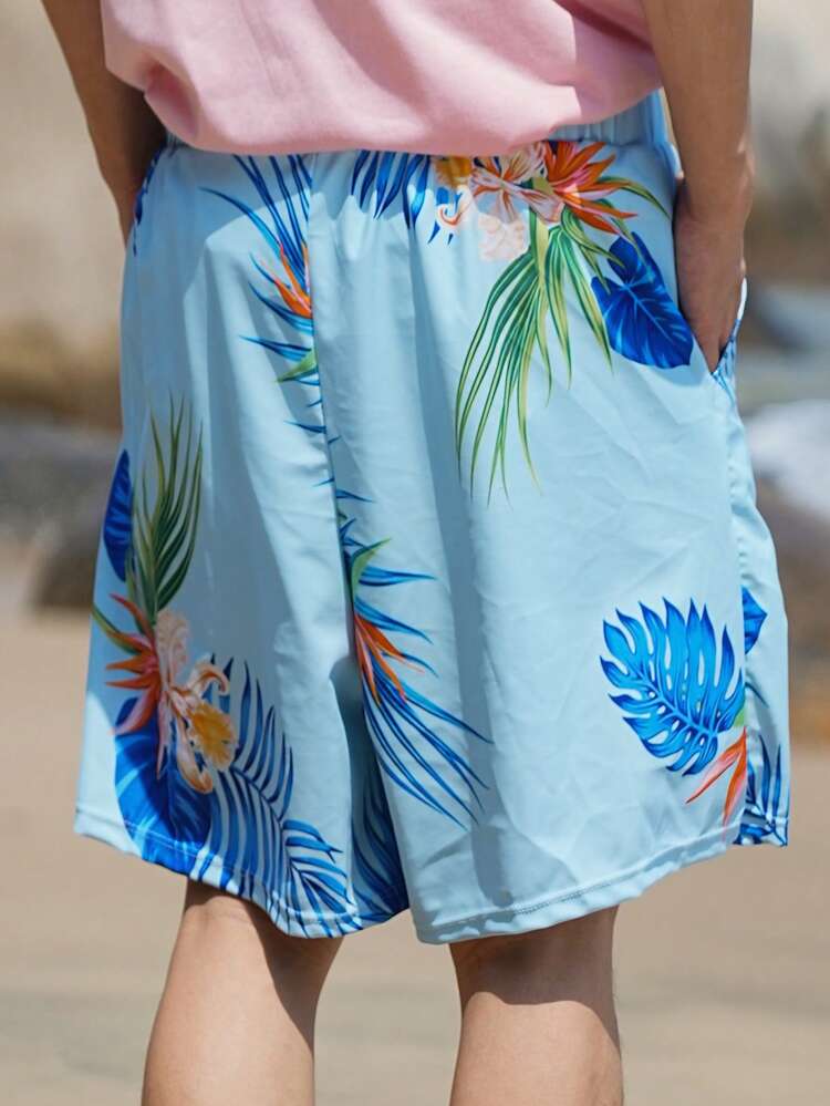 Summer Men's Blue Floral Print Beach Shorts, Hawaiian