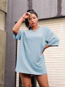Flirla Plus Size Women Solid Color Round Neck Drop Shoulder Casual Loose T-Shirt - Baby Blue - View 5