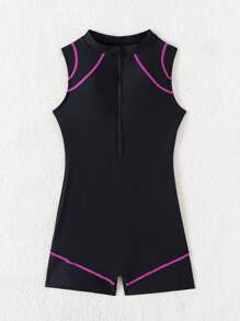 Mono deportivo casual de mujer con cuello redondo y cremallera, tipo traje de neopreno, color negro - Negro - Ver 2