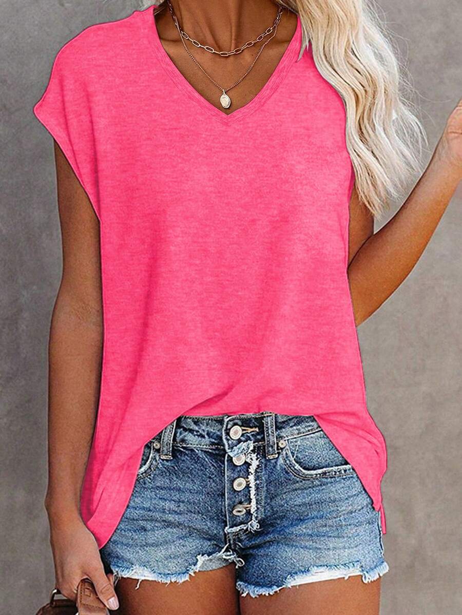 EMERY ROSE Women's Summer Plain V-Neck Batwing Short Sleeve Casual T-Shirt