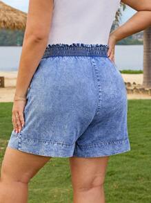EMERY ROSE Mature Denim Pantaloni scurți largi din denim albastru, talie elastică, mărime mare, pentru vacanță de vară, cowgirl, ținute western, business casual, festival, aeroport, absolvire, Ibiza, plajă, Hawaii, concert, boho, 2025, absolvire de 4 iulie, blugi largi, pantaloni scurți cu talie înaltă, pantaloni lejeri, pantaloni scurți cu volane - Albastru - Vizualizare 2