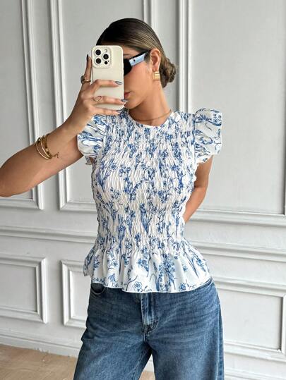 Serisse Women's Vacation Floral Print Ruffle Short Cap Sleeve Round Neck Blouse Summer Blue Holiday Resort