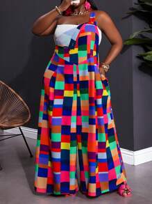 SHEIN CURVE+ 大码女式格子印花系带阔腿连体裤，休闲、甜美、外出、日常、浪漫女士沙滩装/沙滩裙/沙滩度假装/沙滩必备品/毕业/茶会礼服夏季/乡村/沙滩度假装/沙滩装/沙滩装