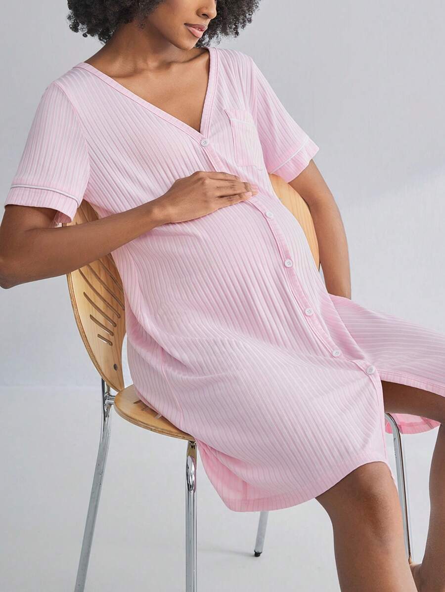 BloomMama Maternity Short Sleeve Ribbed Nursing Nightgown With Button,Fashion Loungewear Sleepwear Pajama Dress Sleep Shirt - Pink - View 1