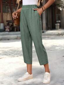 EMERY ROSE Pantalon court décontracté pour femmes, taille élastique, poches latérales, couleur unie. Pantalon d'été, vêtements d'automne pour femmes - Vert - Voir 7