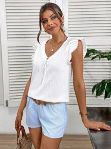 SHEIN LUNE Women Casual Solid Color Ribbed Pleated Patchwork Bow V-Neck T-Shirt, Basic Daily Summer - White - View 4