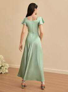SHEIN Teen Girl Elegant Simple Square Neck Short Sleeve High Waist Slim Fit Long Dress With Slit, Satin Shiny Fabric, Green Color, High-End Teenage Girl Graduation/Wedding Flower Girl Dress