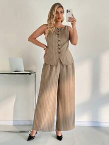 Auralis Ținute vintage de vară pentru profesoare, mărimi mari, casual, elegante, pentru navetiști, casual, pentru serviciu, haine de lucru, haine de birou, ținute de biserică, ținute de aeroport, ținute elegante, ținute de lucru, seturi de lenjerie pentru femei, set de două piese, vestă cu dungi, top cu nasturi și pantaloni largi. - Multicolor - Vizualizare 3