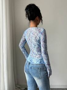 Elenzga Women Elegant Fashion Lace Print Casual Long Sleeve Crew Neck T-Shirt