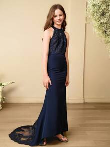 女童花卉刺绣网眼鱼尾下摆精致吊带派对连衣裙 - 藏蓝色 - 查看 4