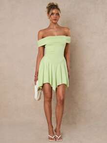 Glamine 1pc Women's Elegant Solid Color Off Shoulder Mini Dress, Summer - Green - View 1