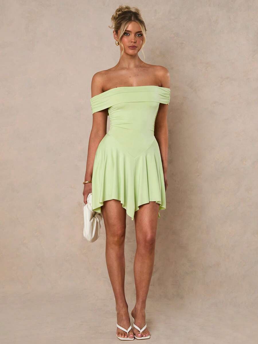 Glamine 1pc Women's Elegant Solid Color Off Shoulder Mini Dress, Summer - Green - View 1