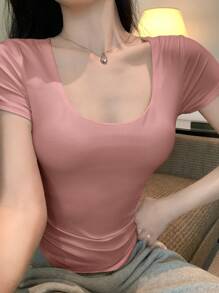 DAZY Women Casual Solid Color Round Neck Pleated Simple Fitted T-Shirt, Summer - Dusty Pink - View 4