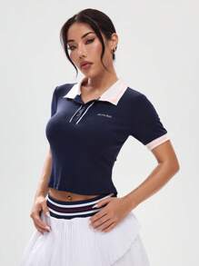 Women's Summer Casual Color Block Patchwork Short Sports Polo Shirt - Blue - View 1
