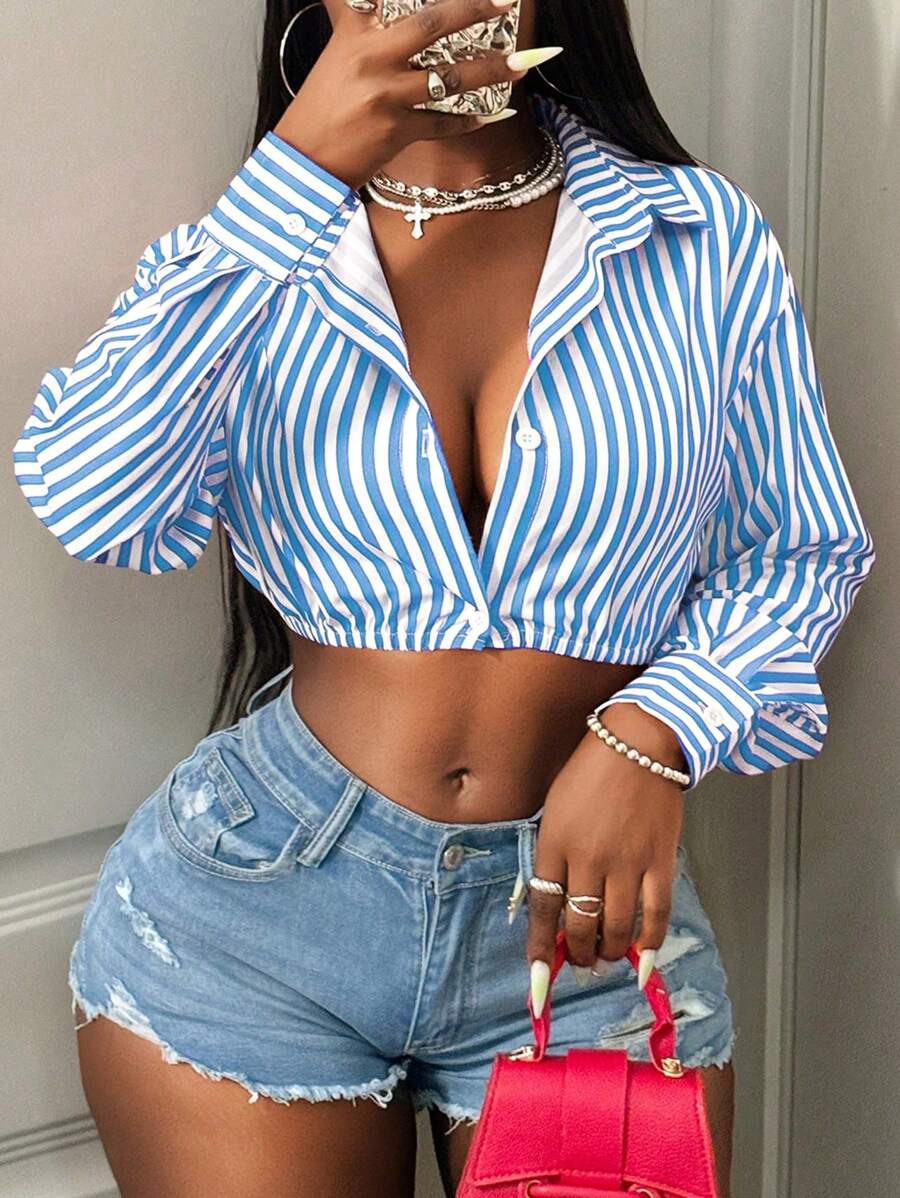 BamGleam Áo sơ mi tay dài gợi cảm in sọc cài nút phía trước - Màu xanh lam - Xem 1