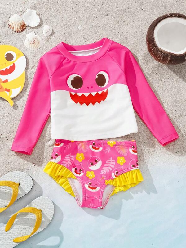 BABY SHARK X SHEIN Baby Girl Cartoon Pink Shark Print Color-Block Puff Sleeve Ruffle Trim Summer Beach 2-Piece Swimsuit Set