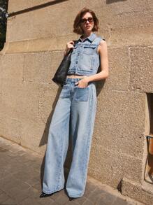 Ontre Women's Blue Denim Vest Box Vest Lapel Truncated Design Old Money Style Top