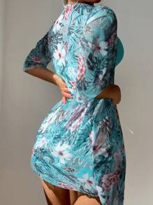 Swim Lushoire 3 件套女士随机印花吊带上衣、短裤和和服套装，春假海滩装夏季泳装套装 - 彩色 - 查看 2