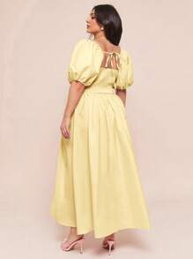 SHEIN BAE Damen Große Größen Kleidung Hochzeitskleider Brautjungfernkleider Minikleidern Partykleider Datumskleider Urlaubskleider Damen Große Größen Sommer Damen Große Größen Sommer Süße Puffärmel Cups Detail Aufwendige lange Maxikleider, Sommerkleider für Damen